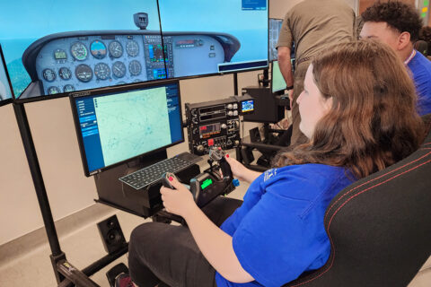 Student flying flight simulator