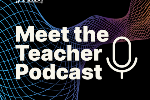 cover of the meet the teacher podcast by jted. multicolor soundwaves overlay a black background with the pima jted logo, podcast title and a simple microphone graphic in white. on top of those soundwaves
