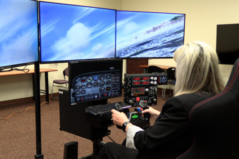 Woman operating flight simulator