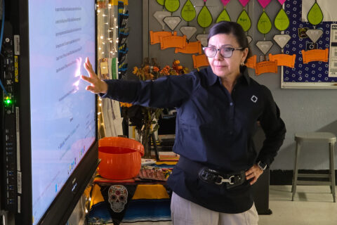 Teacher Pointing at Smart Board