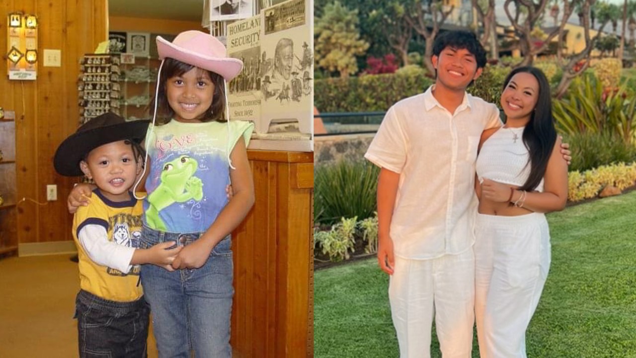 Siblings posing together, young and older